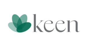 The image shows the word "keen" in gray serif font, with a green abstract three-petal shape to the left—perfect for highlighting special offers in a stylish and modern way.